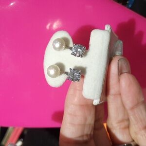 GORGEOUS PEARL STUDS & CZ JACKETS EARRINGS SOLID STERLING SILVER RHODIUM 🎁 BOX